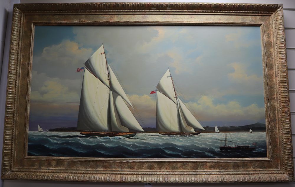 Salvatore Colacicco (1935-), oil on board, Yachts racing for the Americas Cup, signed, 59 x 105cm